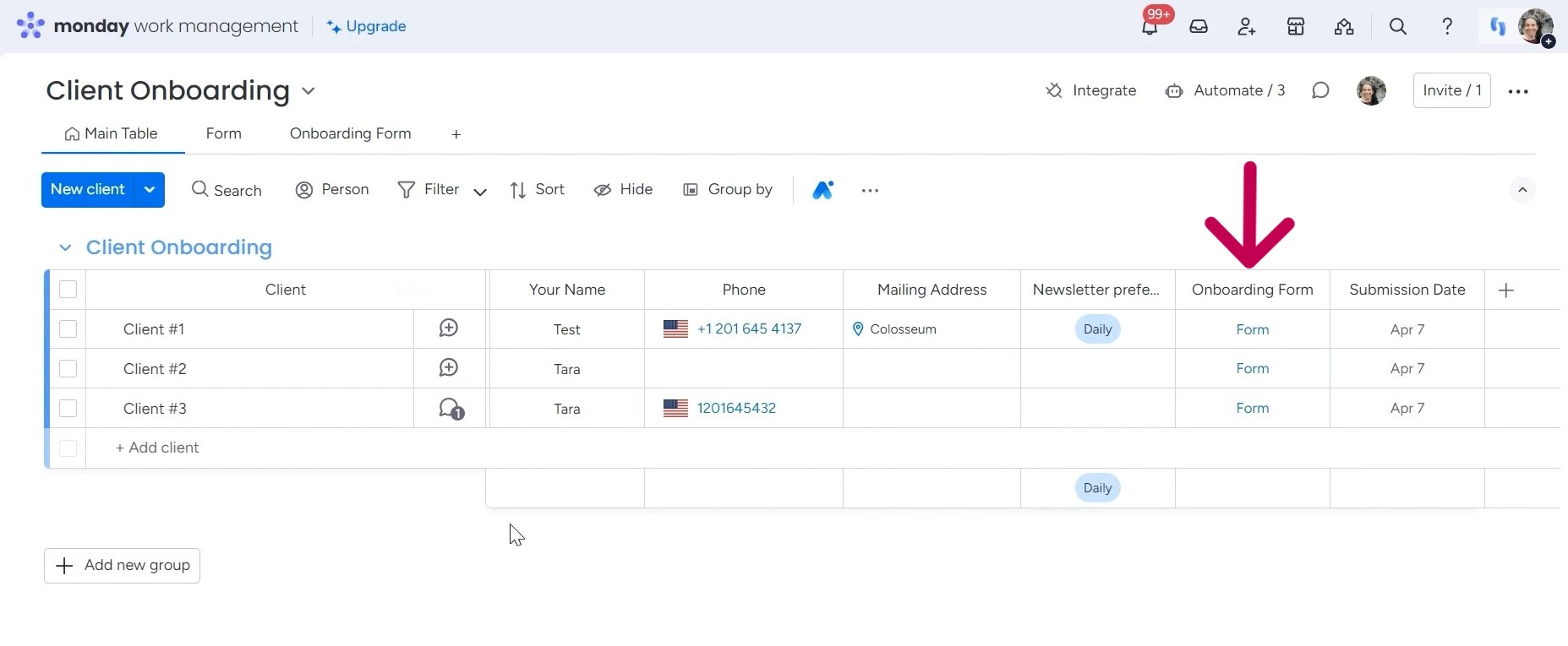 forms in client onboarding board