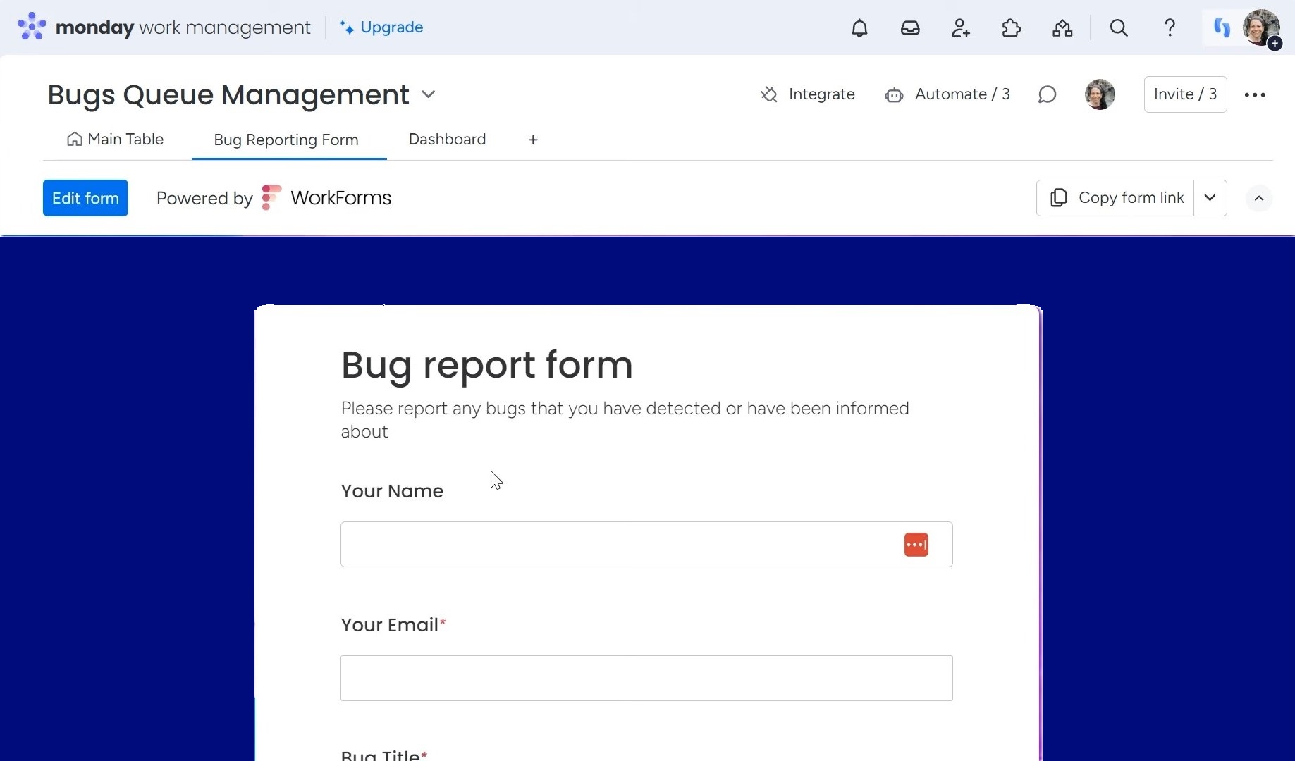 bug report form