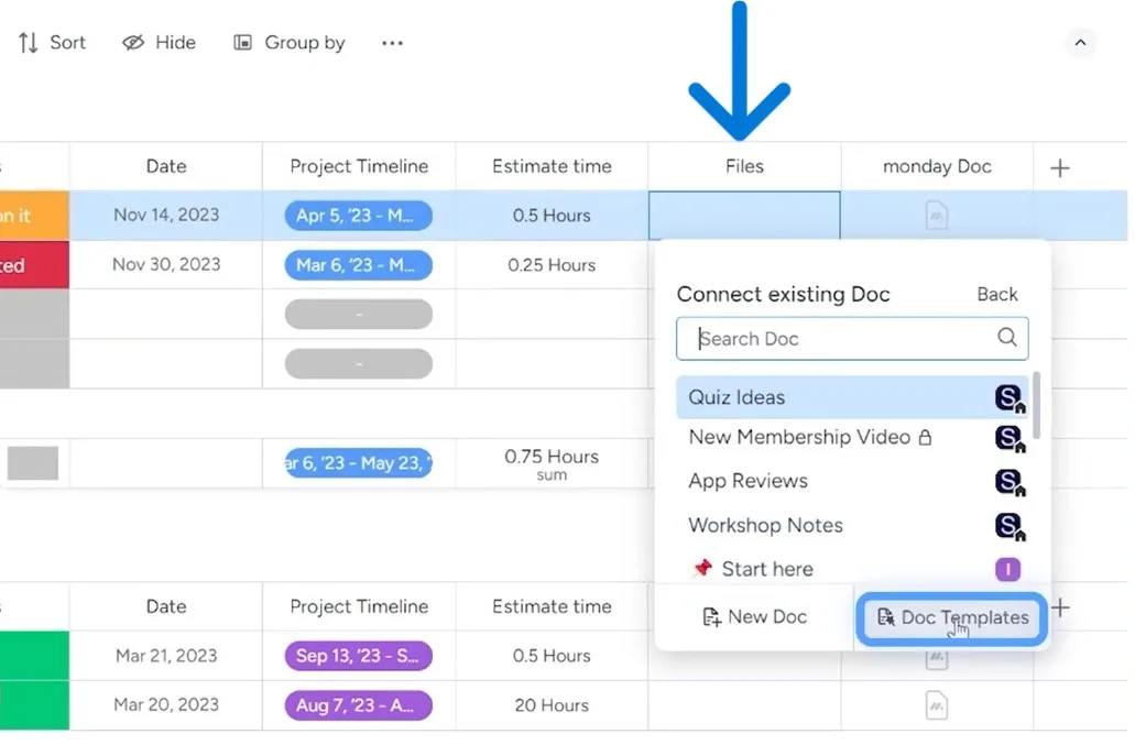 choosing doc template for the files column