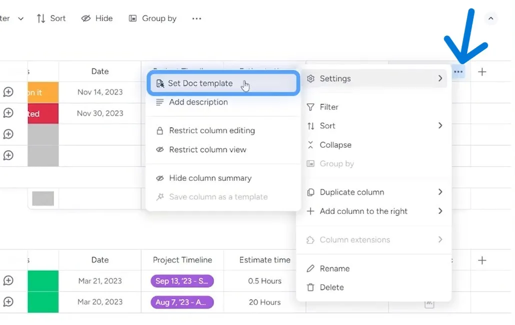 set monday Doc column template