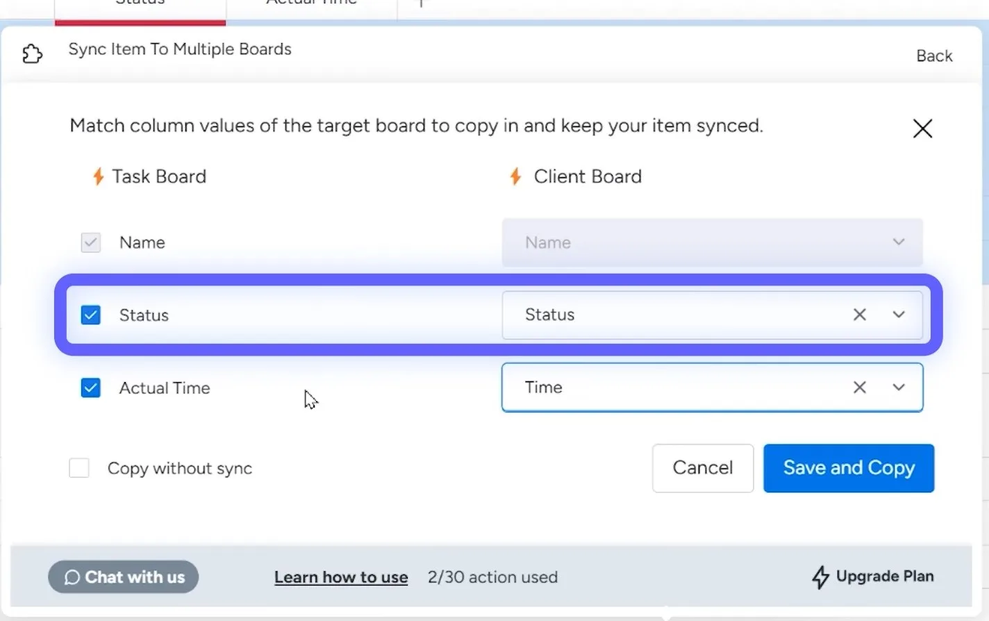 syncing boards and column mapping