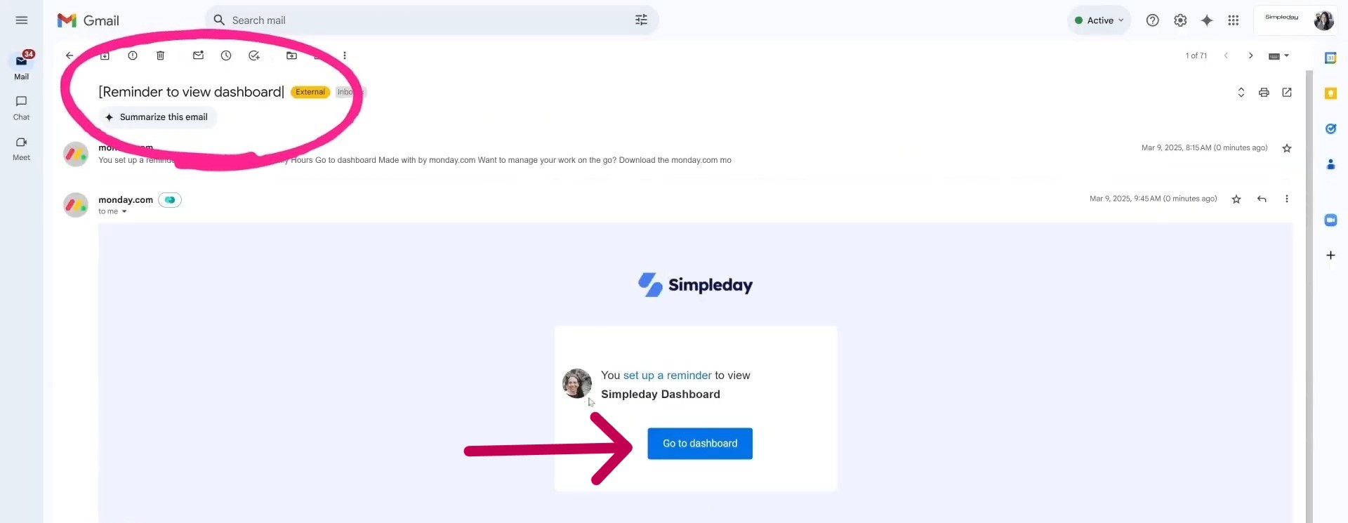 email notification in the mail inbox
