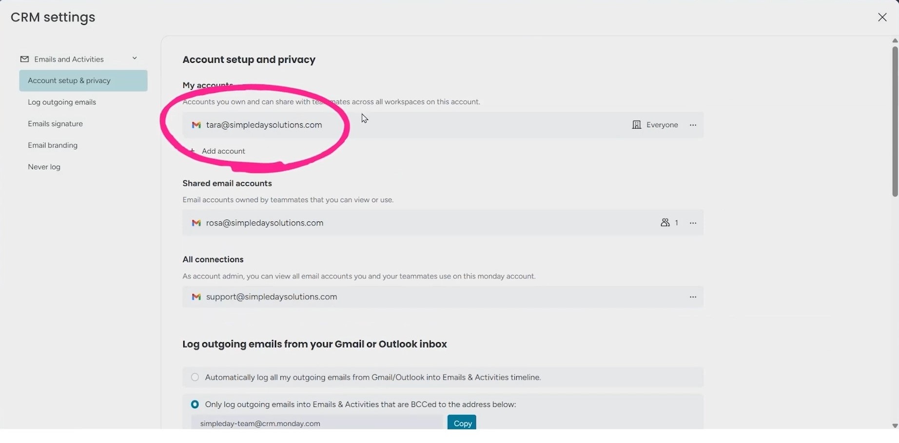 CRM email connected
