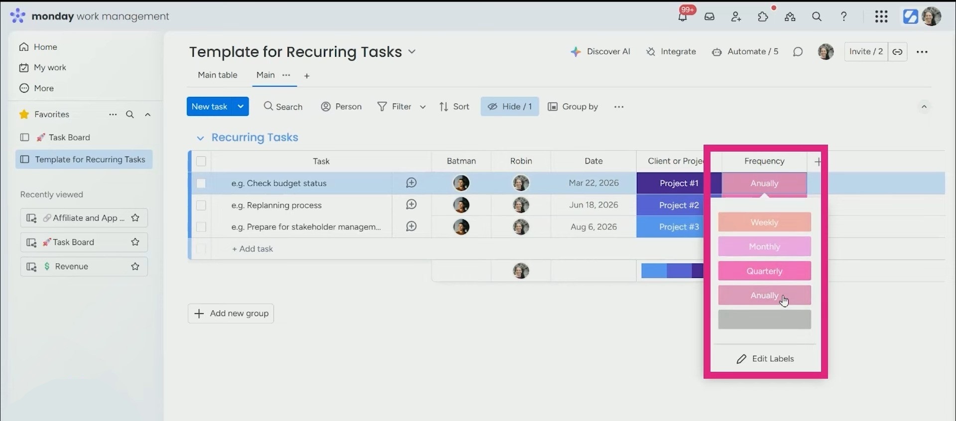 recurring task template frequency column