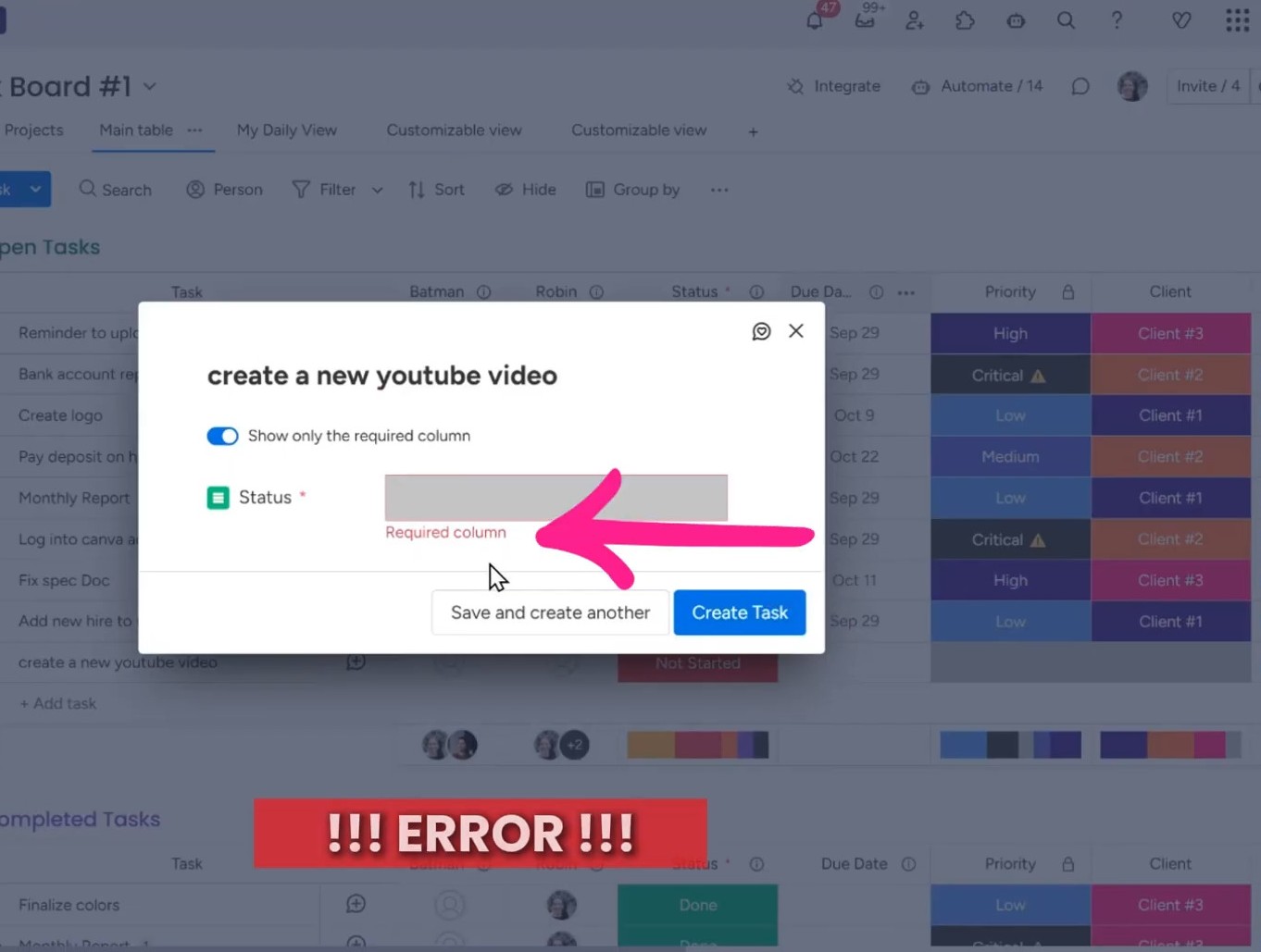 required column error message