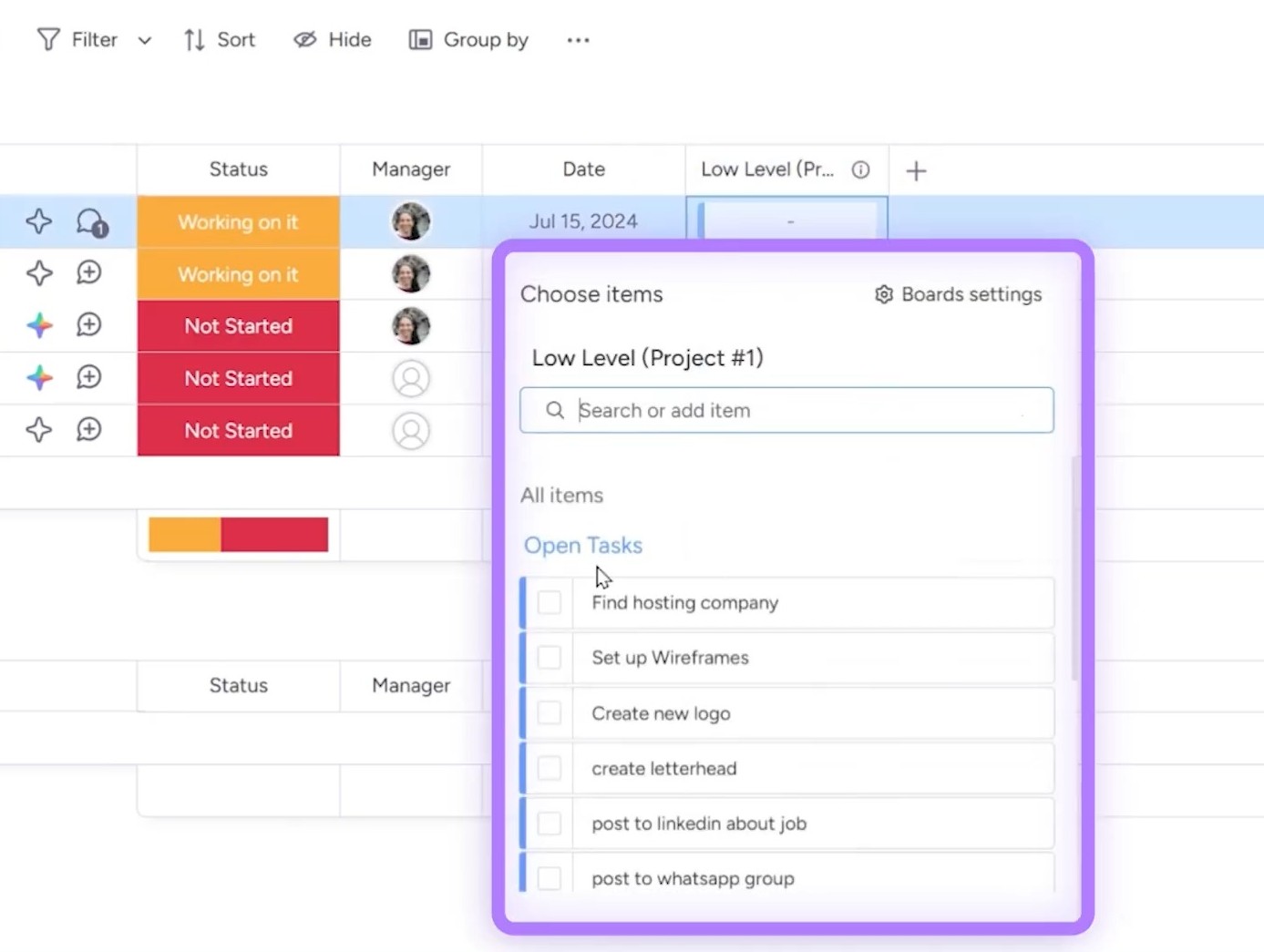 selecting items from linked board