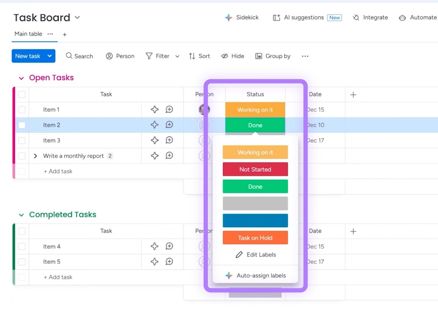 monday.com status column