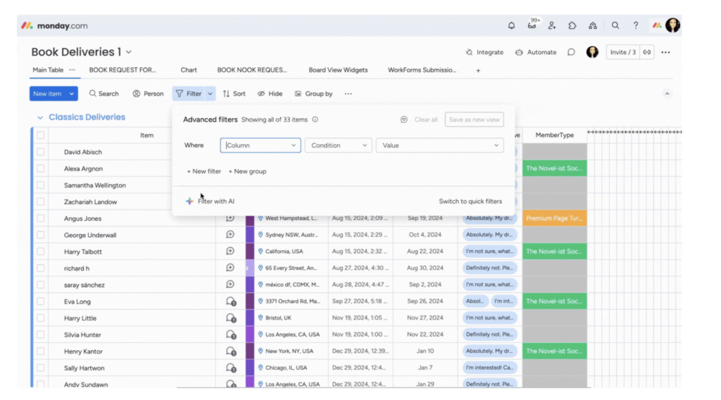 monday.com filter with AI