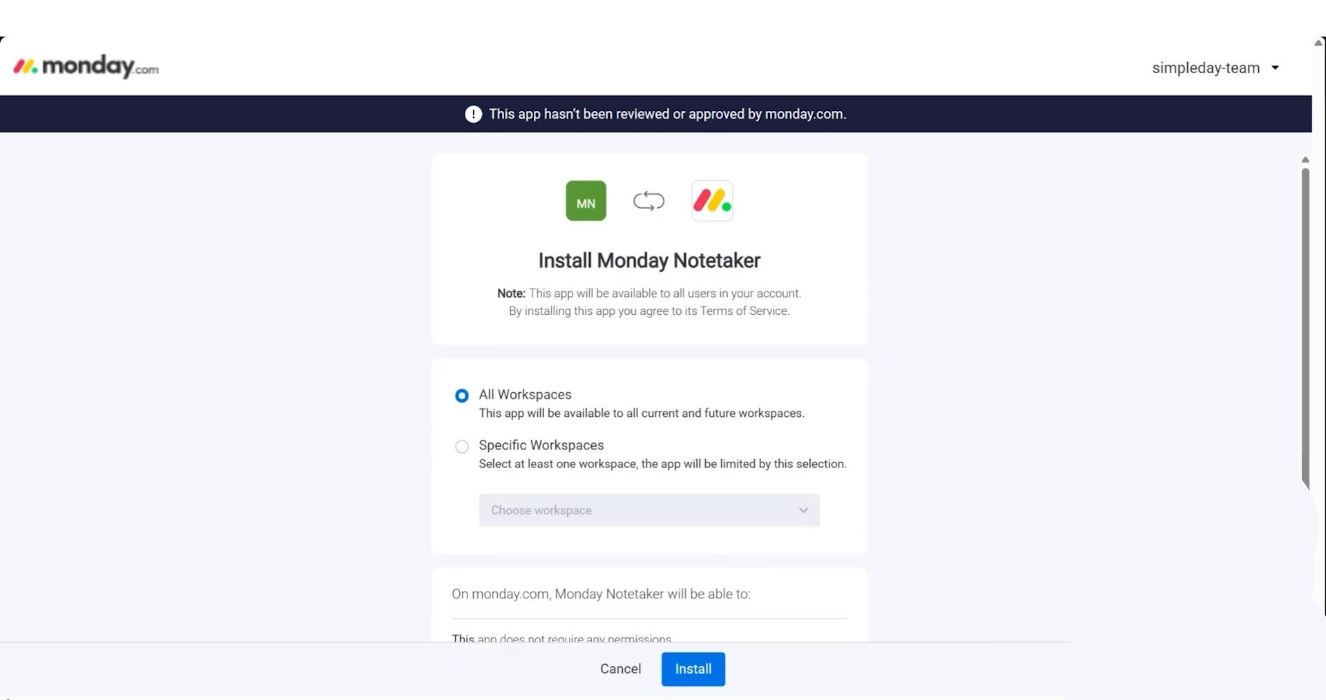 monday.com notetaker app installation